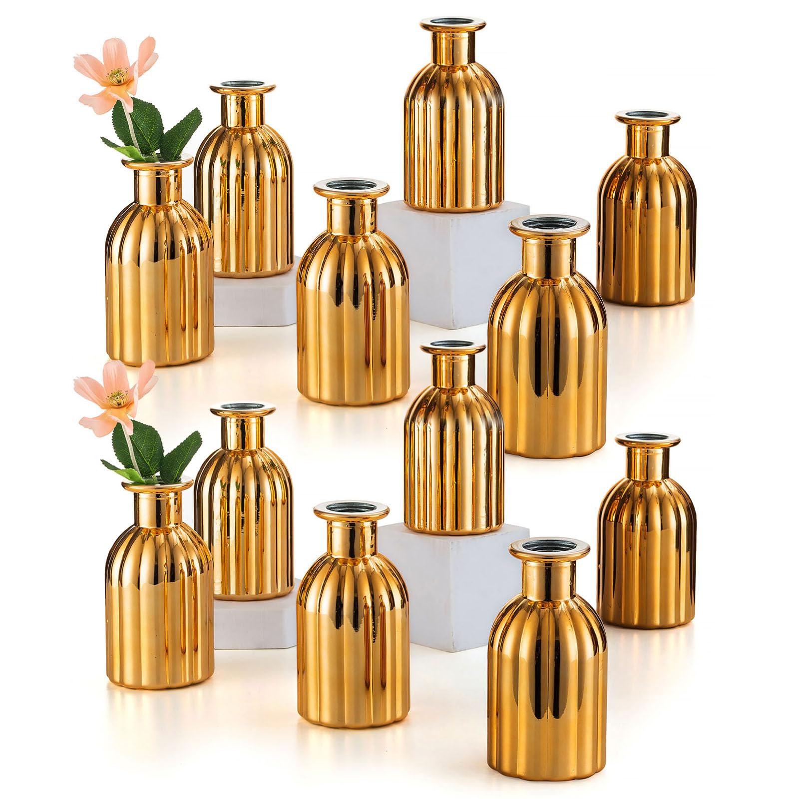 Glass Vases for Christmas Table Decoration - Inweder Set of 12 Small Flower Vases Vintage Ribbed Bud Vase Narrow Neck Gold Glass Bottles Wedding Centrepieces Plant Propagation Station Room Decor