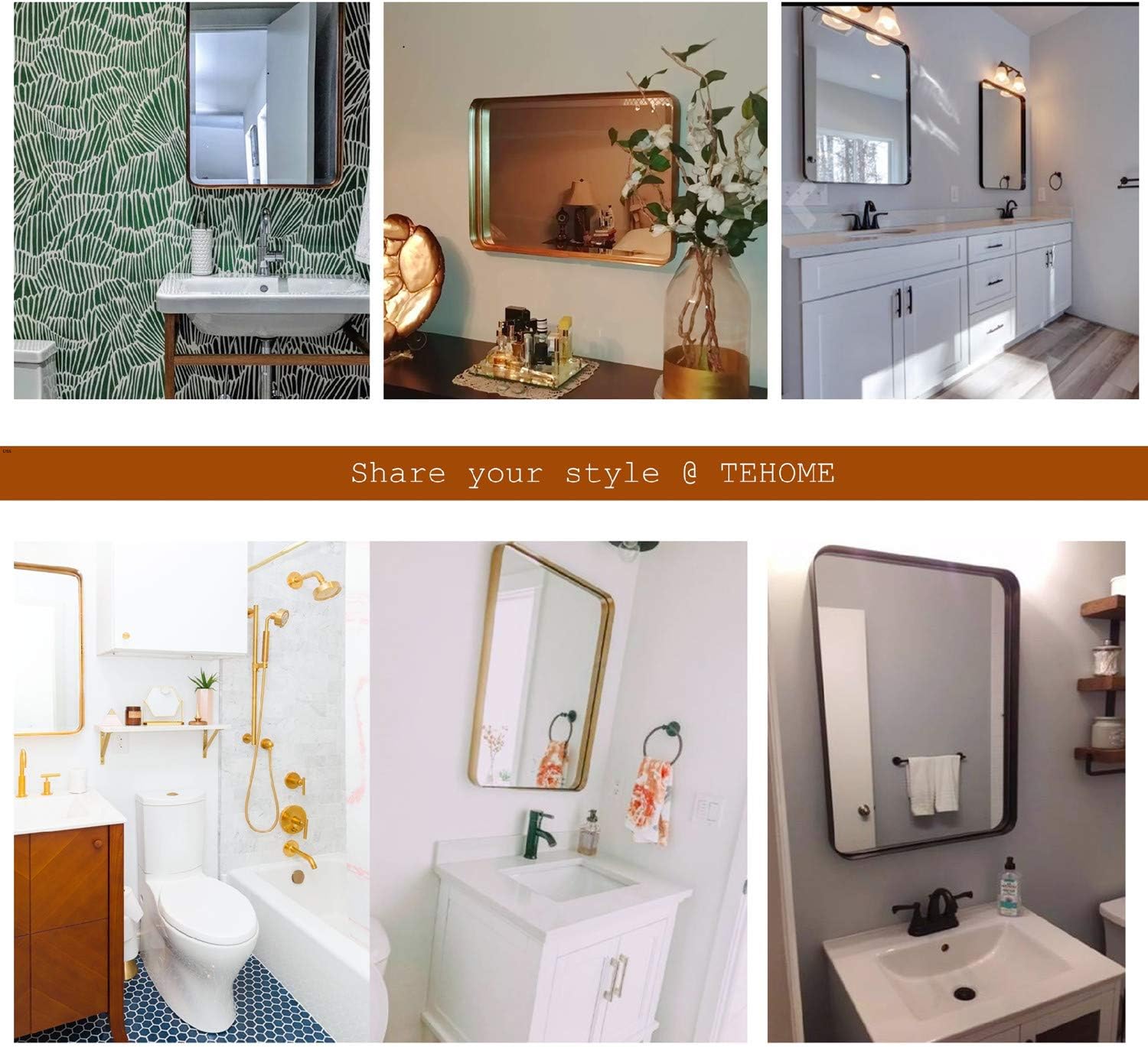 TEHOME 20x30 Brushed Gold Metal Framed Bathroom Mirror for Wall in Stainless Steel Rounded Rectangular Bathroom Vanity Mirrors Wall Mounted: Furniture & Decor