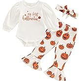 Saliuentm My First Halloween Baby Girl Outfit Puff Sleeve Romper Pumpkin Bell Bottoms Headband Newborn Halloween Clothes Set