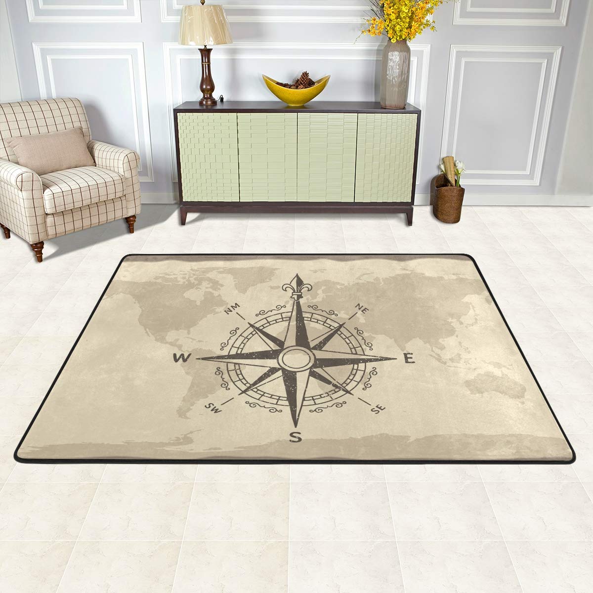 Antique Compass World Map Area Rugs 5x7 Colorful Modern Area Rug For Living Room Bedroom Machine Washable Nursery Rug Baby Nursery