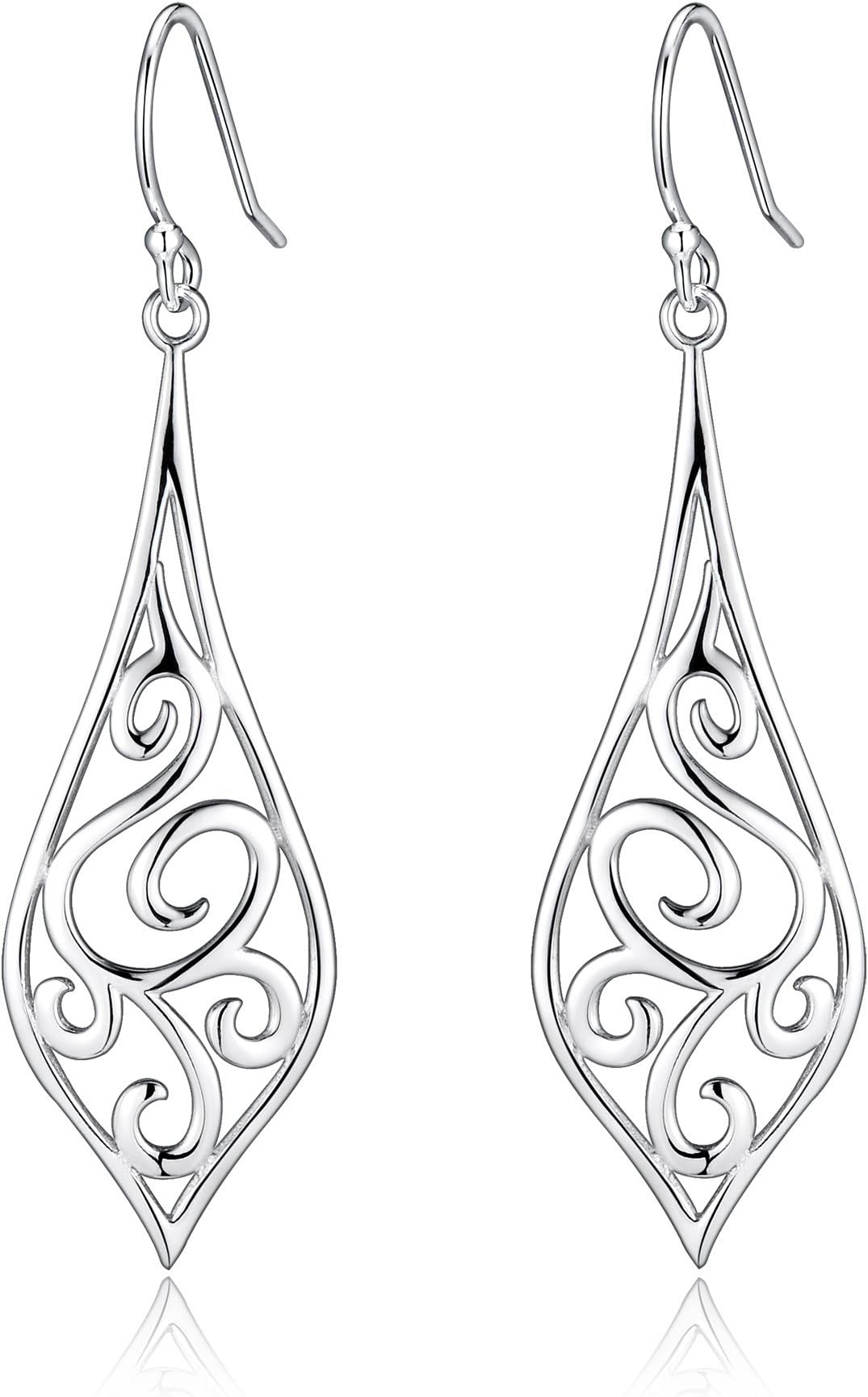 Sterling Silver Minimalist Design Of Rattan & Leaf Dangle Drop Earrings For Sensitive Ears By Renaissance Jewelry