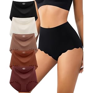 OPIBOO High Waisted Seamless Underwear for Women No Show Panties Full Coverage Scalloped Edge Silky Breathable Briefs 5 Pack