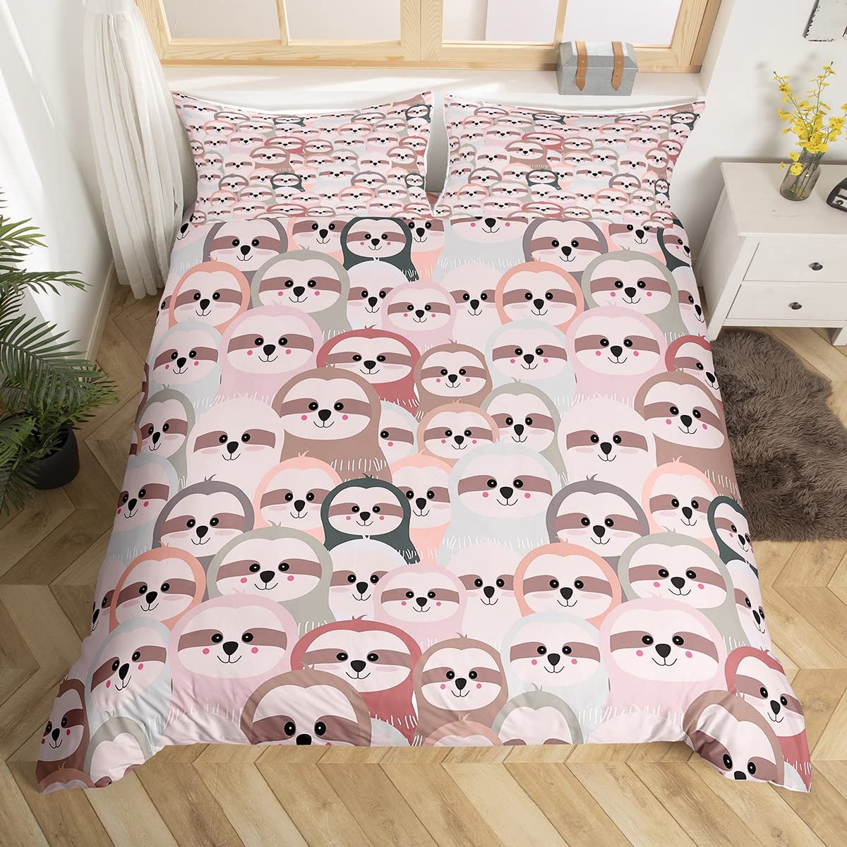 Homemissing Cute Sloth Duvet Cover Pet Cartoon Sloth Bedding Set for Kids Boys Girls 3D Animal Comforter Cover Pink Grey Bedspread Cover 2Pcs Single Size