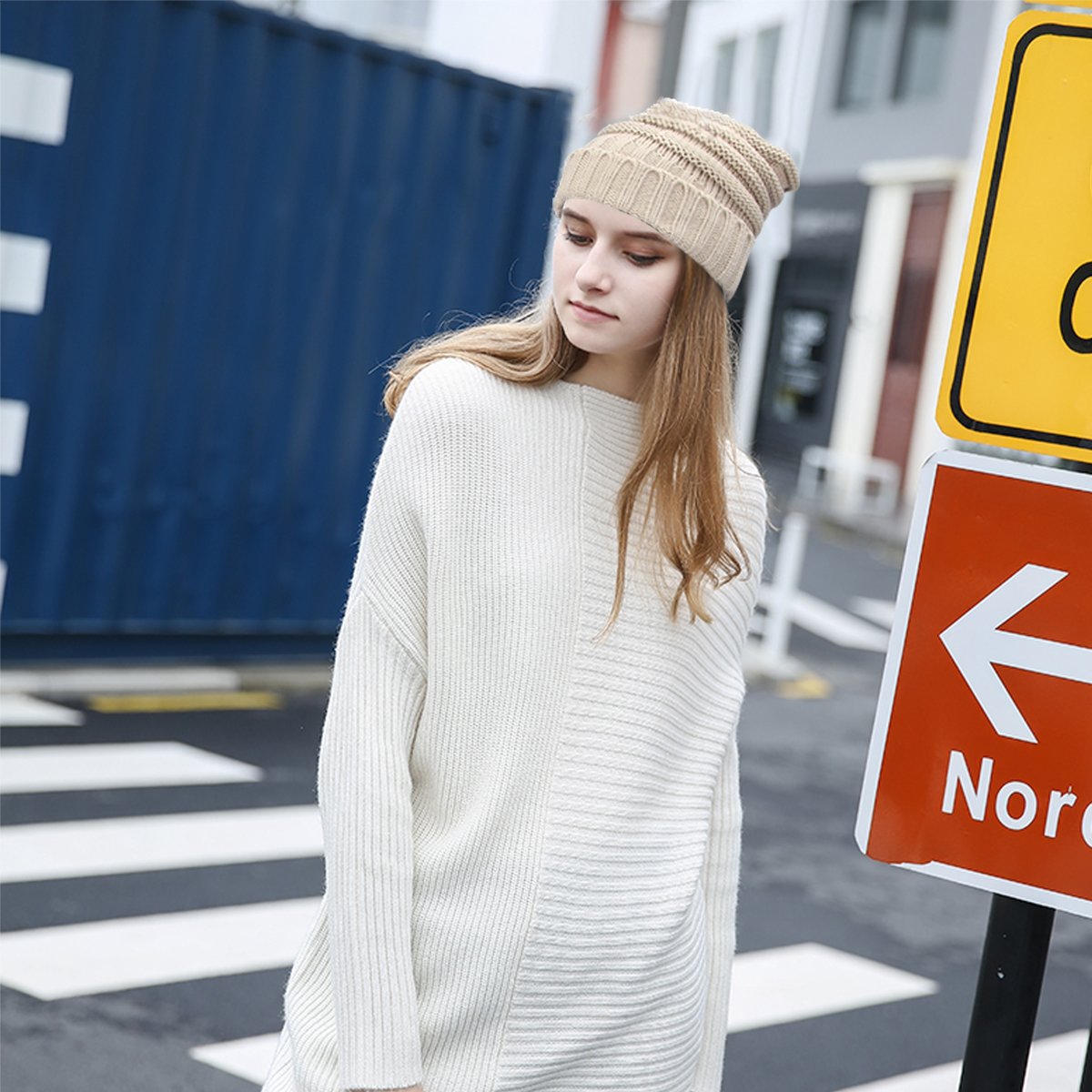Aszune Warm Beanie Cap Oversized Knitting Hat Unisex Wool Cap (Beige)