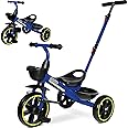 KRIDDO 2-in-1 Toddler Tricycle for Ages 18 Months to 5 Years Old - Extended Push Handle for Effortless Push, Gift Trike for Toddler 3 to 5 Year, Kids Tricycle with Foldable Front Footrest, Blue