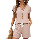 LOMON 2 Piece Short Sets for Women 2026 Spring Summer Lounge Outfits Sets Short Sleeve Trendy Casual Matching Clothing Set