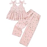 SANMIO Toddler Baby Girl Clothes Floral Summer Outfits Ruffle Sleeveless Tops with Wide Leg Pants Clothing Set for 1-5T