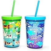 Home Tune 14oz Kids Tumbler Water Drinking Cup 2 Pack - BPA Free, Straw Lid Cup, Reusable, Lightweight, Spill-Proof Water Bottle with Cute Design for Girls & Boys - Shark & Dog