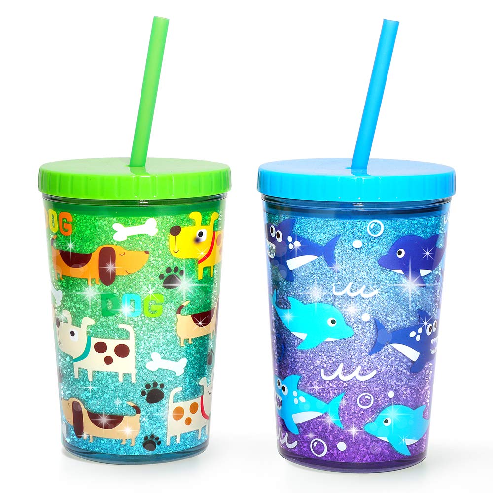 Home Tune Kids Tumbler Water Drinking Cup (400ml) - BPA Free, Straw Lid Cup, Reusable, Lightweight, Spill-Proof Water Bottle with Cute Design for Girls & Boys - 2 Pack Shark & Dog