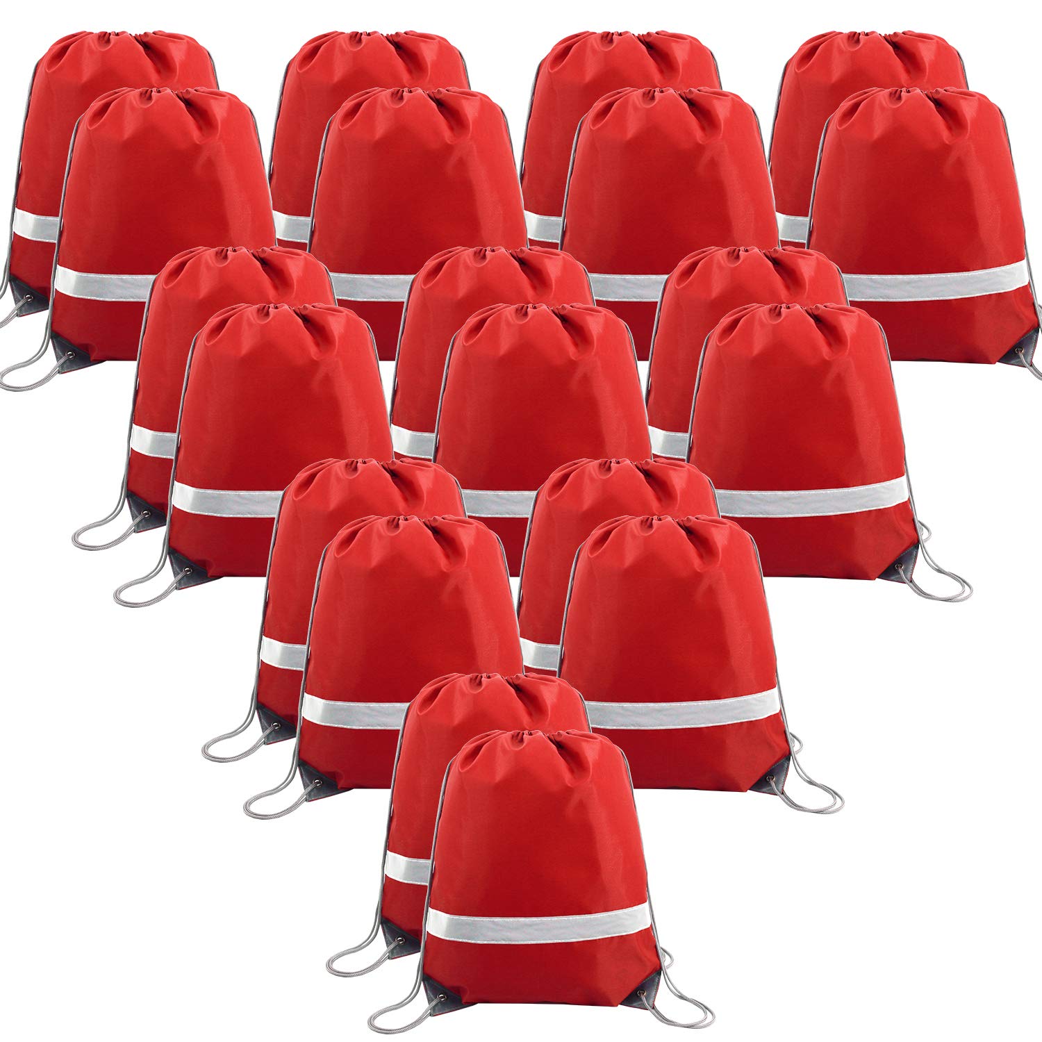 Reflective Drawstring Backpack Bags in Bulk Pack Cheap Sports Gym Sack Pack Cinch Bag 20 Pack with Reflective Stripe for Sports Team Student Teens Company Red