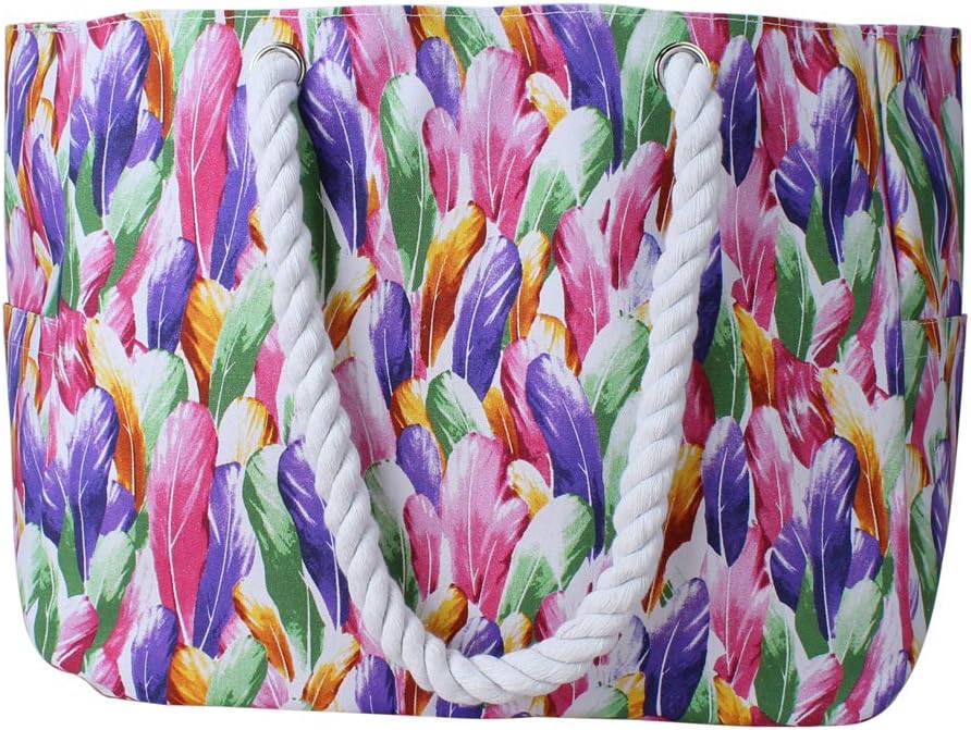 Sornean Waterproof Canvas Beach Tote Kauai Beach Bag with Inside Pocket/Top Magnet Clasp-Perfect Tote for Beach Lake (Feathers)
