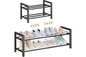 Detsuk 2-Tier Expandable Shoe Rack (17.5"-30.7") – Adjustable Heavy-Duty Metal Shoe Organizer Shelf for Closet, Entryway, Mudroom & Garage – Durable Freestanding Storage, Black