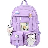 Stylifeo Kawaii Backpack with Cute Bear Plush Kawaii Pin Accessories Large Capacity Aesthetic School Bags Cute Bookbag for Girls Teen Purple