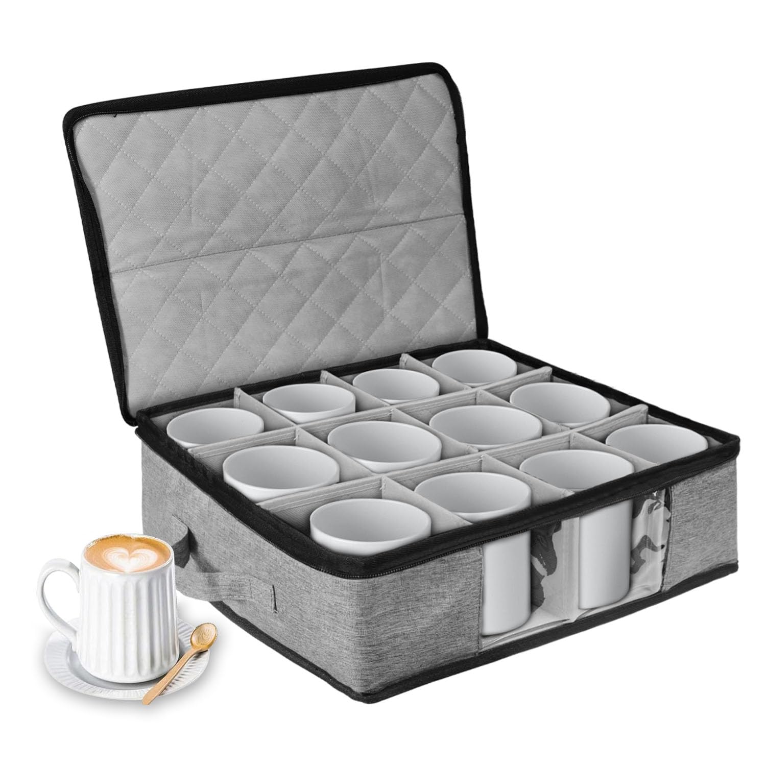 BOHEMIABY Wine Glass Storage Box with Dividers, Camping Wine Storage Box Holds 12 Glasses, Cocktail Glasses, Tumblers Hard Shell and Stackable, Label Window (Coffee Cup)