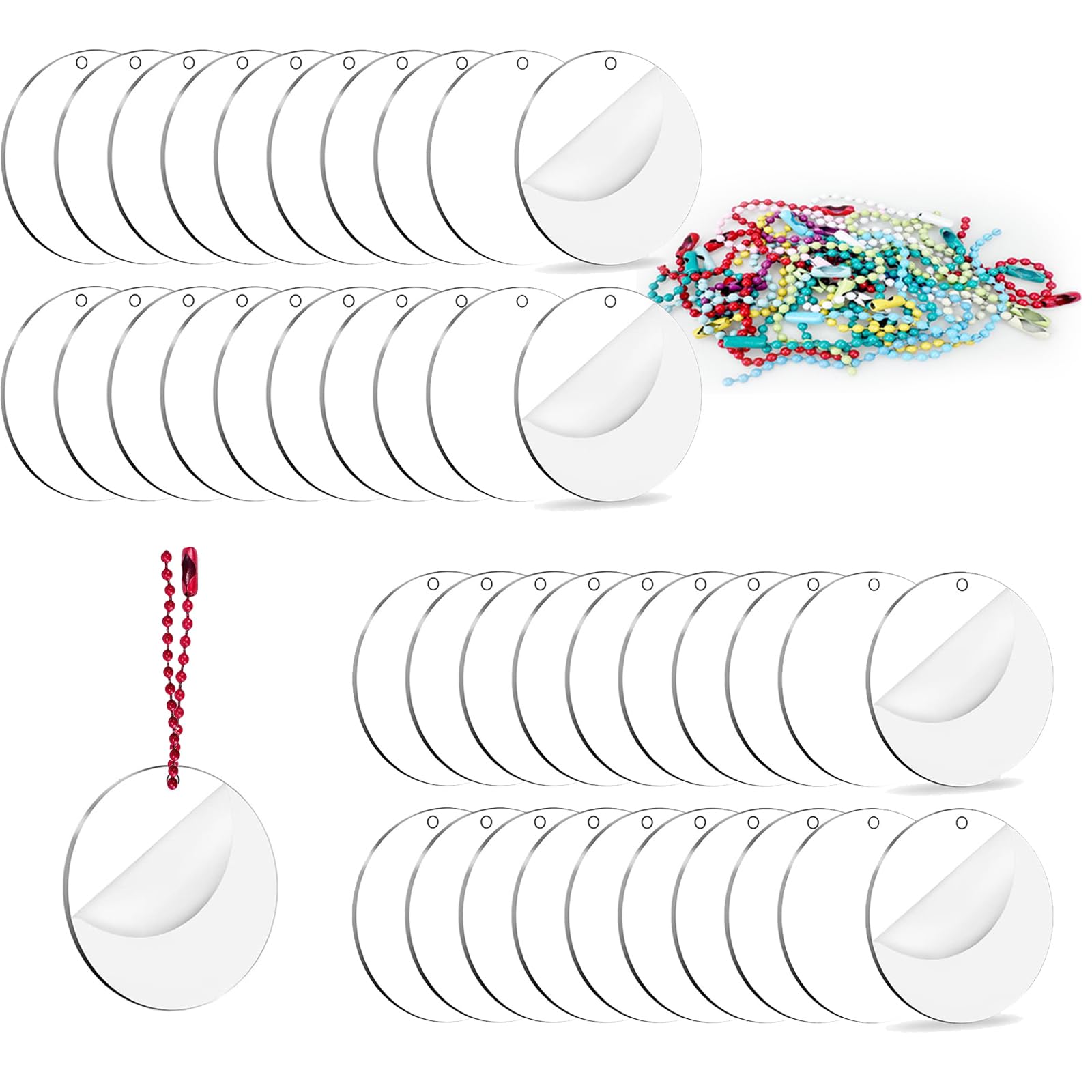 40 Pcs 2 Inch Round Acrylic Blanks Clear Discs with 40 Colorful Chains, Acrylic Circle Blanks 2 Inch Round for Crafts, Festival Decor, DIY Projects, Painting