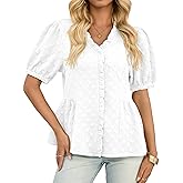 Cicy Bell Womens Peplum Puff Sleeve Tops Dressy Casual Summer Textured Blouses V Neck Ruffle Pleated Shirts
