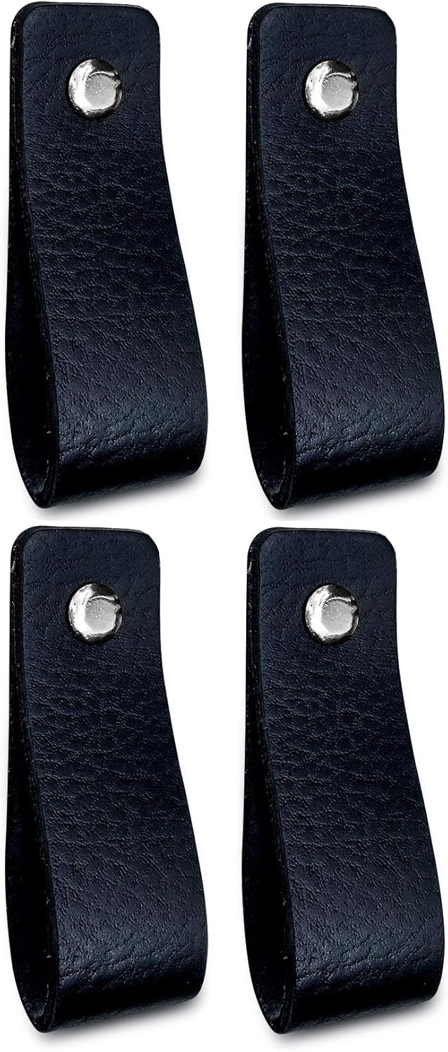 Brute Strength, Leather Handles for Furniture, Black, 4 pcs, 16,5 x 2,5 cm, Cabinet Handle, Door Handle for Kitchen Bathroom