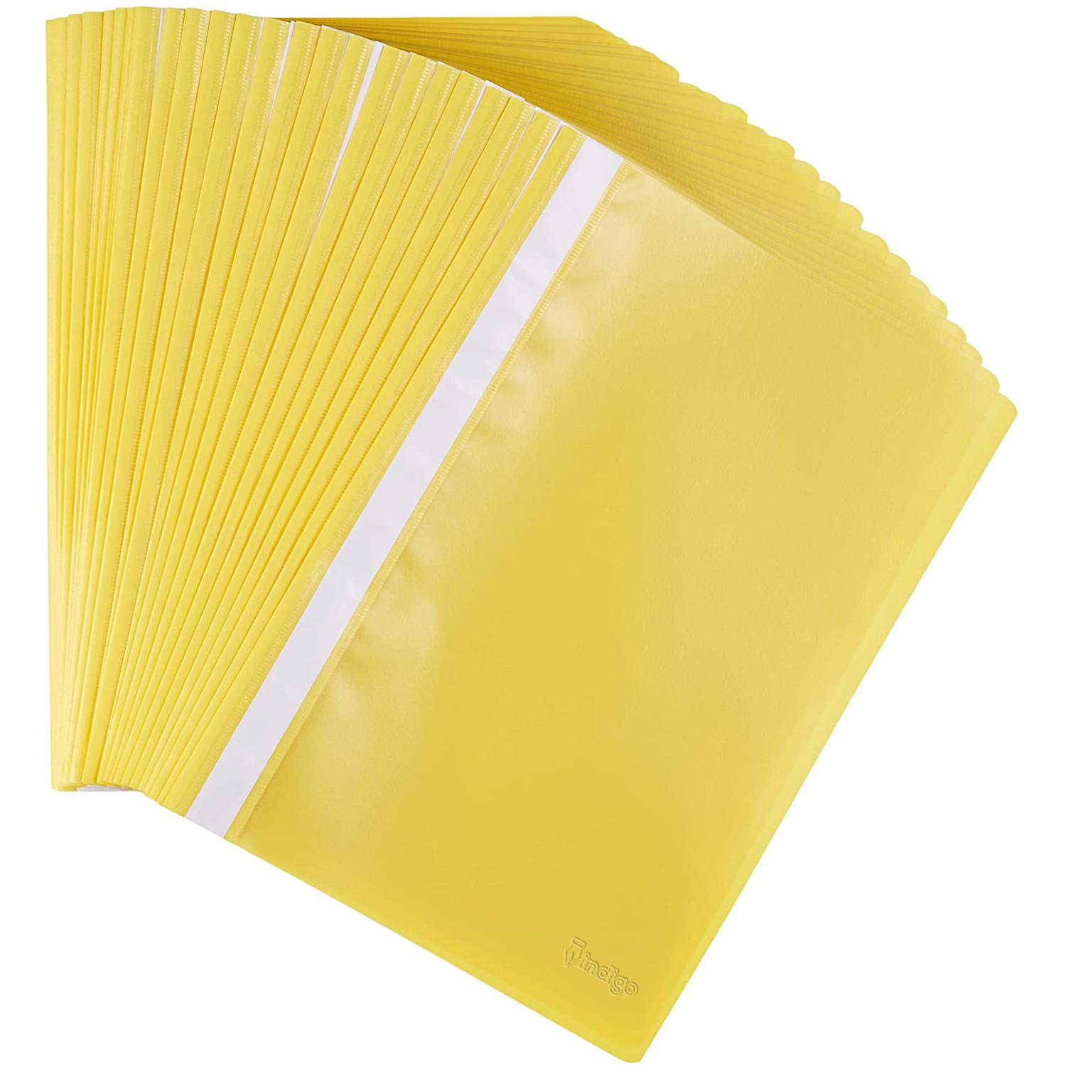 Indigo® A4 Project Folders – Yellow Report Files with Clear Front & 2-Prong Fastener, 30-Sheet Capacity (Pack of 25)
