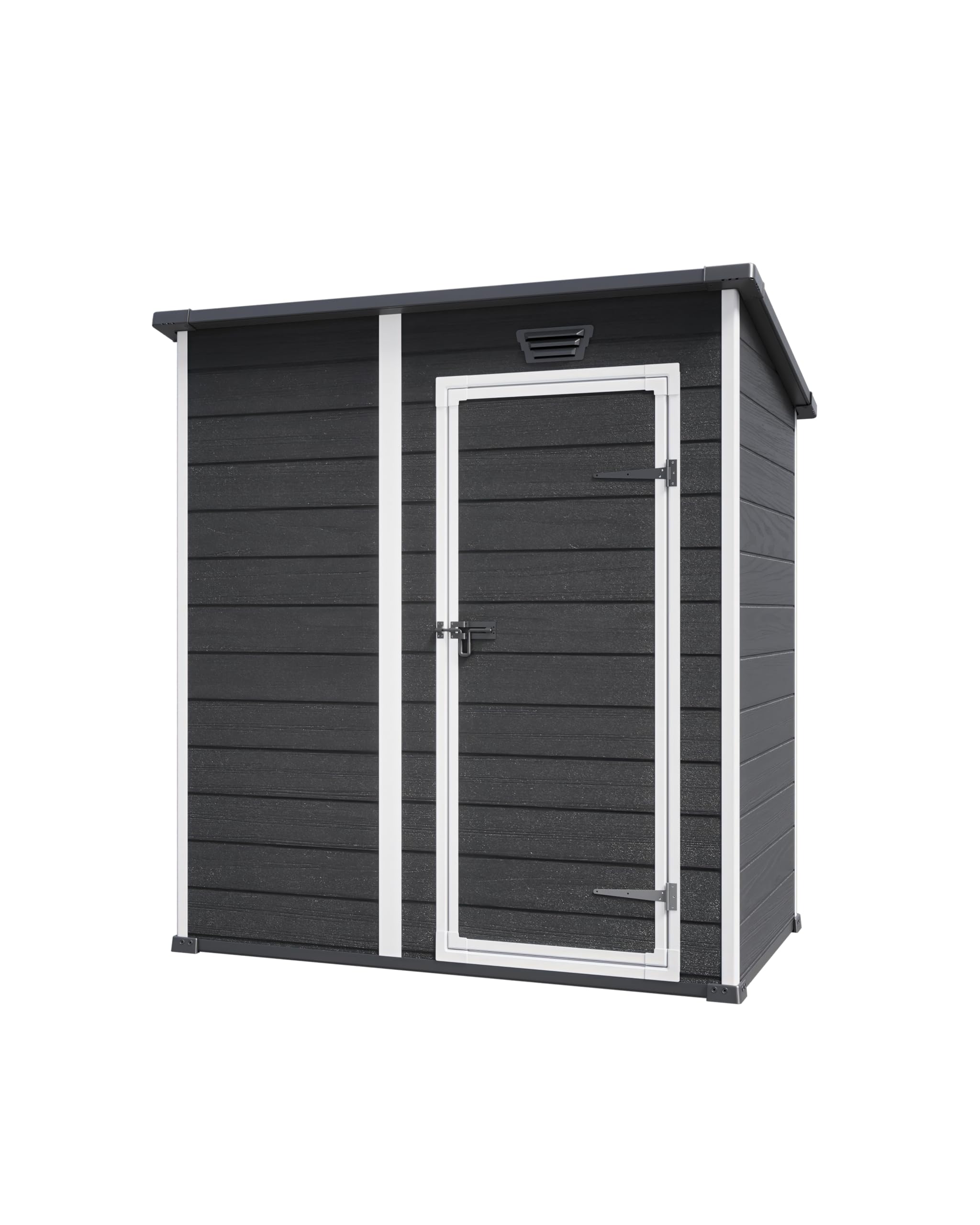 Photo 1 of Keter Essential Shed 4x6 Resin Outdoor Storage Shed Ideal Storage for Patio Furniture, Garden Tools Bike Accessories, Beach Chairs and Lawn Mower, Black and White