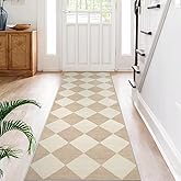 Beeiva Checkered Print Rug Runners for Hallways Non Slip 2.5x8, Ultra Thin Beige Kitchen Runner Rugs Non Skid Washable, Classic Neutral Gingham Decor Faux Wool Carpet for Bathroom Bedroom Entryway