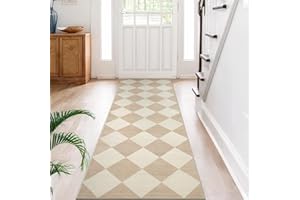 Beeiva Checkered Print Rug Runners for Hallways Non Slip 2.5x8, Ultra Thin Beige Kitchen Runner Rugs Non Skid Washable, Classic Neutral Gingham Decor Faux Wool Carpet for Bathroom Bedroom Entryway