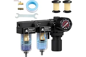 KANBOL 1/4''NPT Double Stage Filter and Regulator with Pressure Gauge, for air Drying System with 5 and 5 Micron Brass Filter Cartridge air Compressor FRL Unit-Black