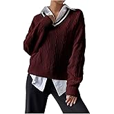 GORGLITTER Women's Striped Checkered Sweater Long Sleeve V Neck Oversized Knit Pullovers Tops