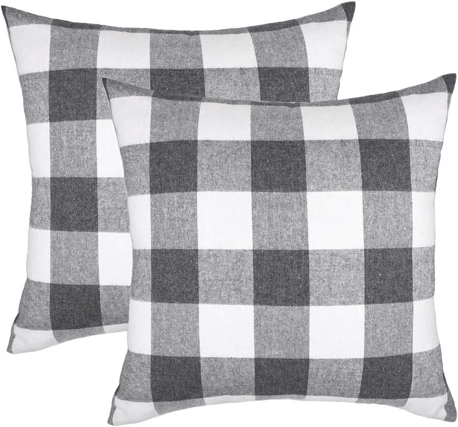 4TH Emotion Set of 2 Farmhouse Buffalo Check Plaid Throw Pillow Covers Cushion Case Cotton Polyester for Sofa Grey and White, 24 x 24 Inches