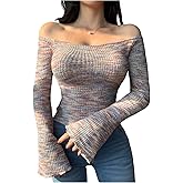 RoseSeek Women's Off The Shoulder Knitted Tops Flare Long Sleeve Slim Fit Tops Crop Tops