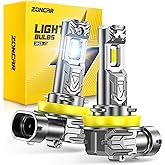 ZonCar H11 Light Bulbs, 8X Ultra Brightness 60,000LM H8 H9 H16 Lights, 6500K Cool White Bulbs, Real 1:1 Mini Size Plug and Play, IP68 Waterproof, Pack of 2