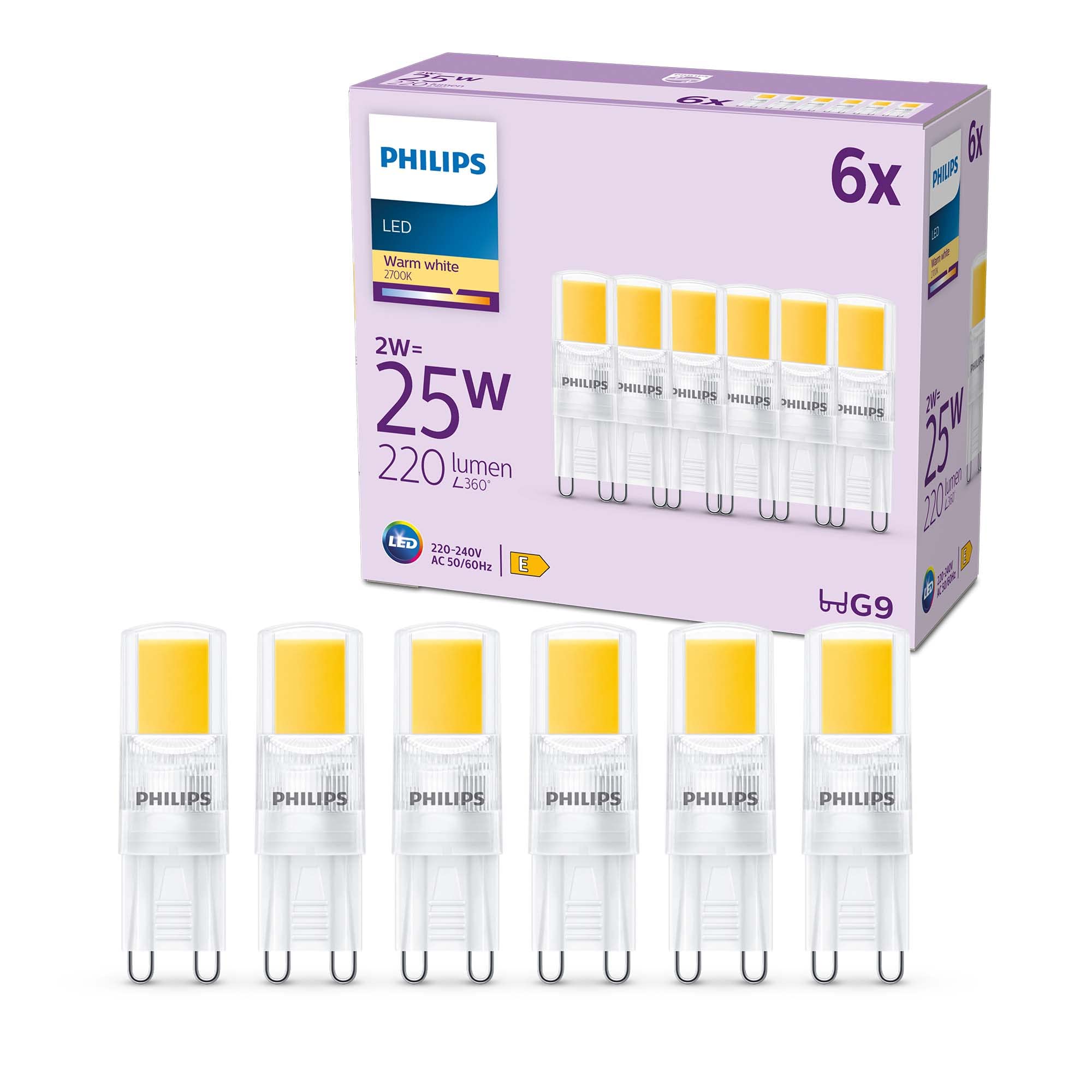 Philips LED Classic G9 Capsule Light Bulb 6 Pack [Warm White 2700K - G9] 25W, Non Dimmable. for Home Indoor Lighting