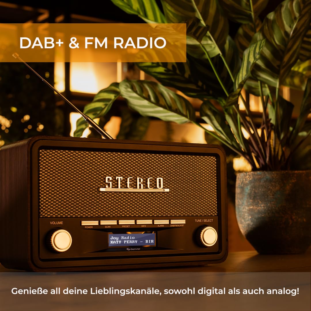 Denver Retro DAB-18 Digitalradio | DAB Plus Radio mit Bluetooth & FM | 2x20W Stereo-Lautsprecher | Kleines Radio mit Netzstecker | Küchenradio DAB mit gutem Klang | LCD-Display & Weckfunktion 2