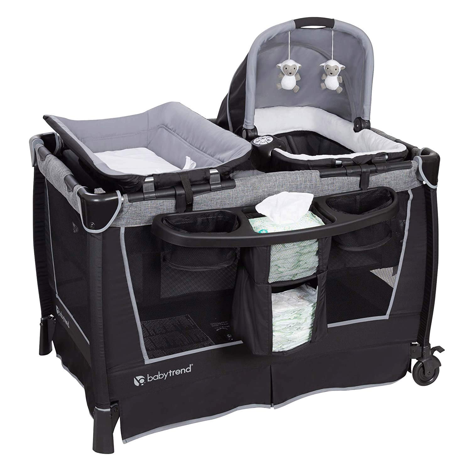 Baby Trend Retreat Nursery Center with Two Removable Rock A Bye Bassinets, Changing Table, Organizer, and Music Center with Nightlight, Quarry