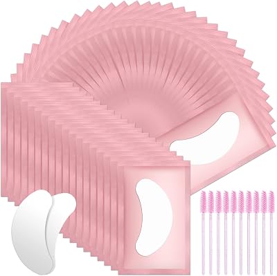 URAQT Eye Gel Pads 50 Pairs with 10 Eyelash Brushes Pink Pro Salon