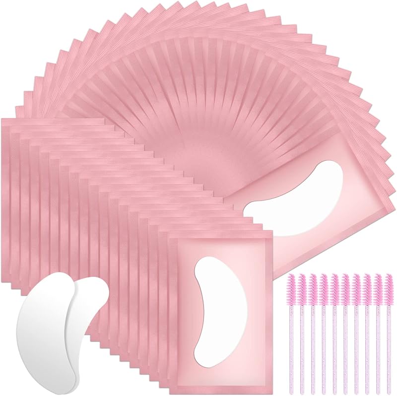URAQT Eye Gel Pads 50 Pairs with 10 Eyelash Brushes Pink Pro Salon