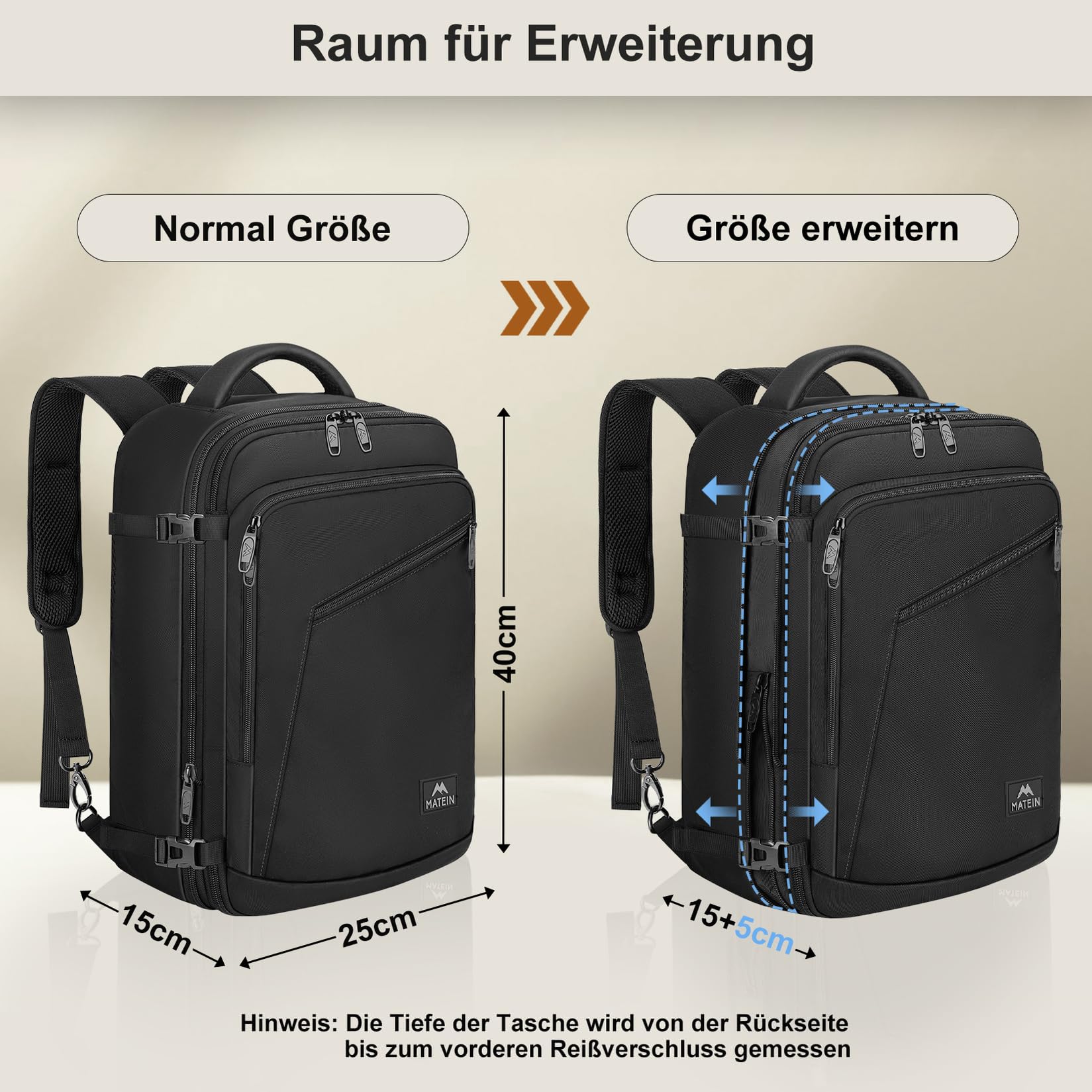 MATEIN Ryanair Handgepack 40x20x25, Rucksack Handgepäck Flugzeug 20L Herren, Ryanair Rucksack 40x20x25, Erweiterbar Daypack Reiserucksack Flugzeug, Cabin Bag für Weekender Reise, Schwarz 3