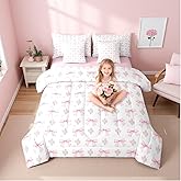 Erosebridal Bow 7 Piece Comforter Set Twin Bed in a Bag for Girls Kids,Girly Pink Floral Coquette Bedding Sets for Child Bow Ribbon Heart Shaped Quilt Dreamy Princess Style Sheet Set with Comforter
