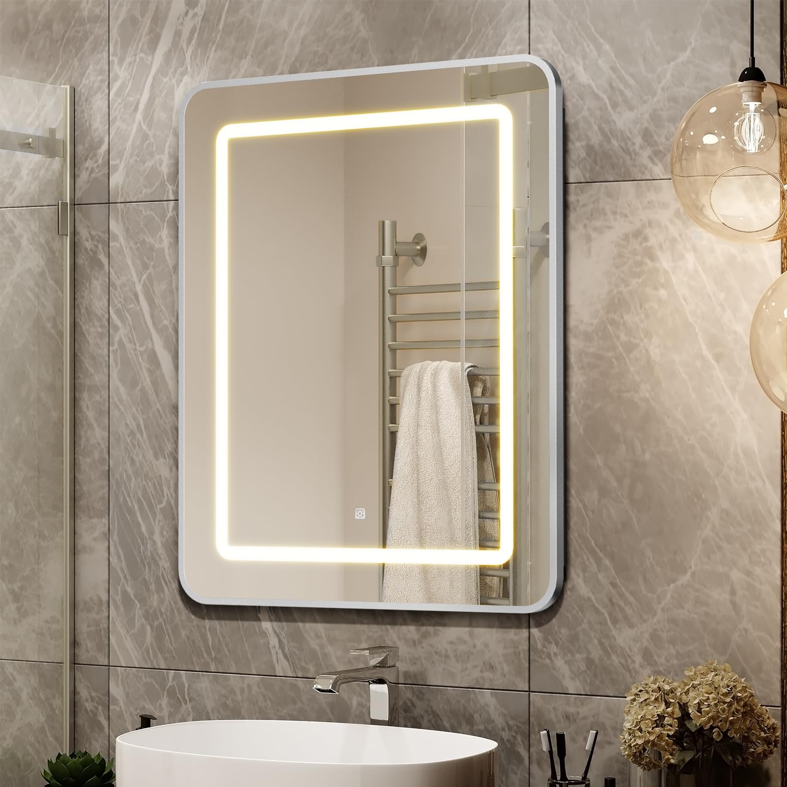 APRILSOUL 24X30 Inch Silver Bathroom Medicine Cabinet with Mirror, Recessed or Surface Lighted Medicine Cabinet with 3 Colors Temperature, Dimmable Light