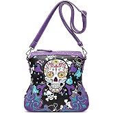 Gothic Sugar Skull Crossbody Purse for Women Rhinestone Studs Shoulder Bag | Western Cowgirl Biker Handbag, Adjustable Strap, Multi Pocket Organizer, Zipper Closure, Studded Punk Rock Rodeo Style