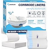 Commode Liners with Absorbent Pads | Value Pack 60 Count Universal Fit | Bedside Commode Liners Disposable and Pads for Adult Commode Chairs