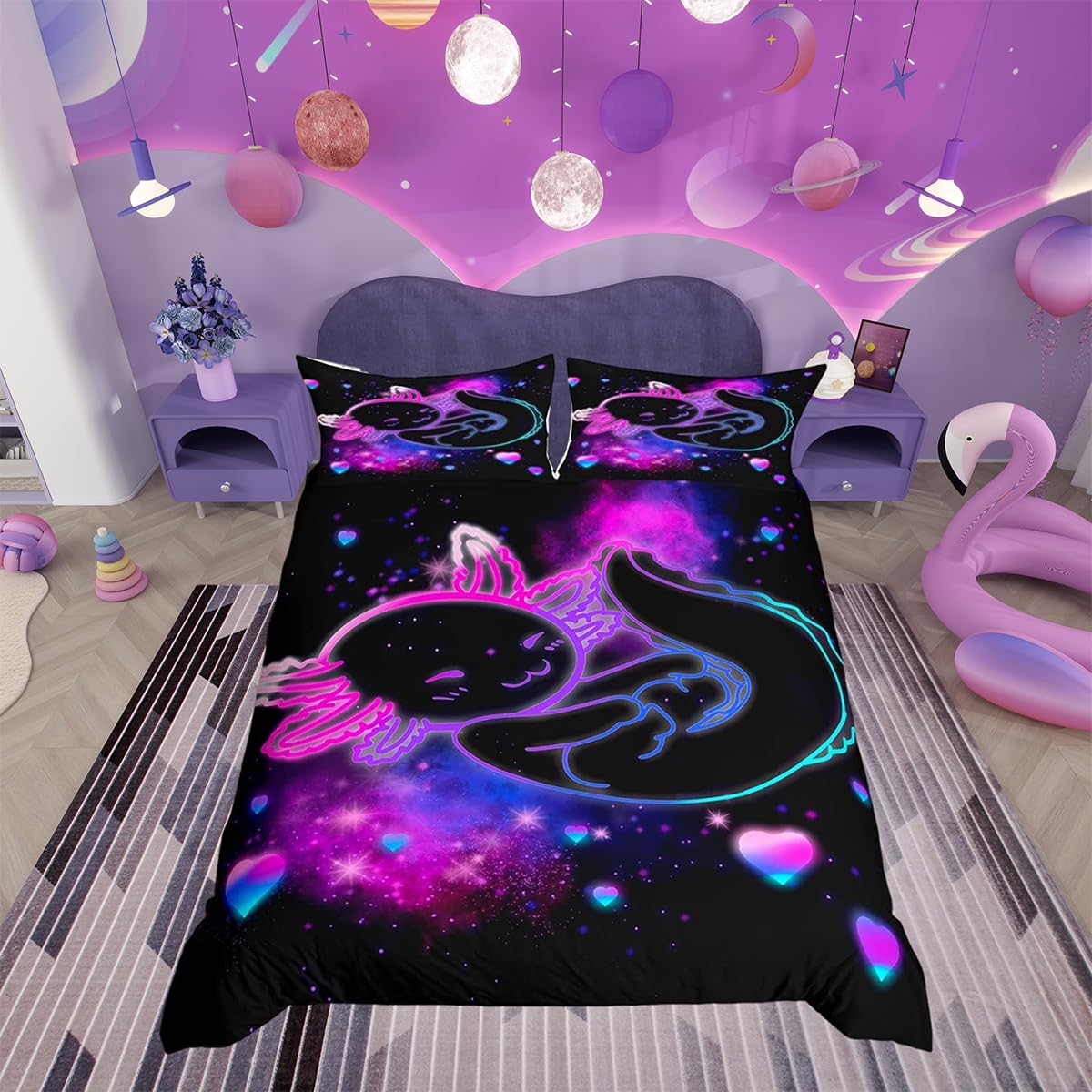 Kids Cute Axolotl Bedding Set Girls Glitter Cartoon Salamander Comforter Cover Boys Teen Purple Blue Galaxy Axolotl Duvet Cover Toddler Kawaii Reptile Animal Bedspread Cover Double Size 3Pcs Boys — image 1