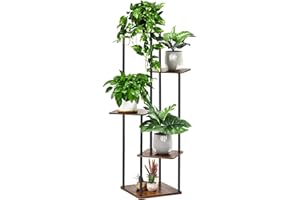 GLOKUUCA 5 Tier Plant Stand Indoor Outdoor, Wood Metal Corner Shelf, Multiple Flower Pot Rack Holder Shelves, Planter Shelf Display Storage Organizer for Patio Living Room Balcony (Black)
