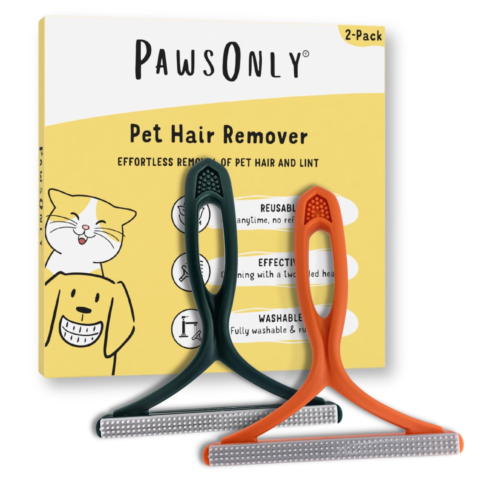 PawsOnly | Pet Hair Remover for Carpet, Furniture, Car, Sofa, Stairs, Clothes | Dog & Cat Fur Scraper Tool | Double Sided Plastic Brush | Reusable & Portable | Handheld Fluff Rake (Orange + Green)