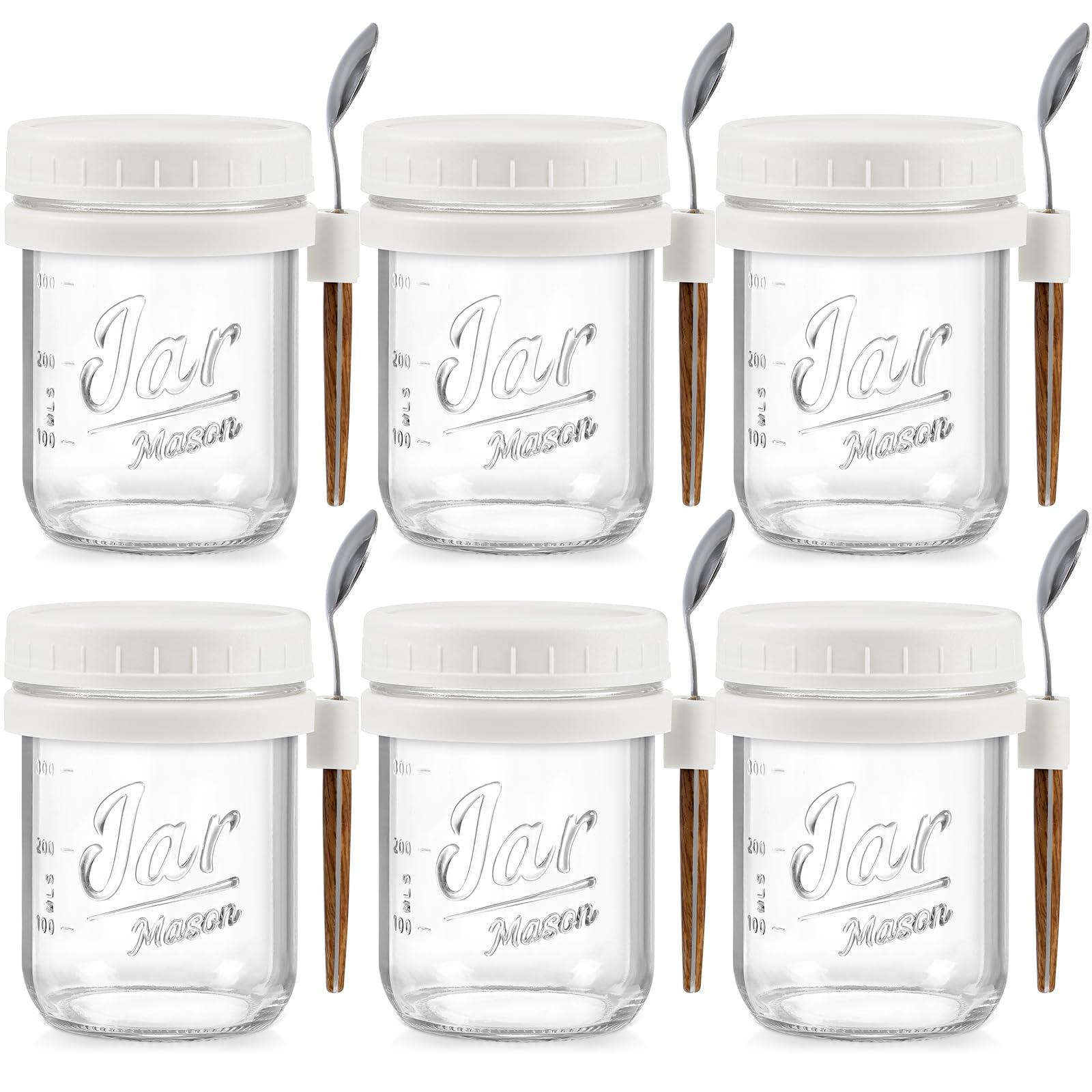 Photo 1 of 6 Pack Overnight Oats Containers with Lids and Spoons, 16 oz Glass Mason Overnight Oats Jars, Large Capacity Airtight Jars for Milk, Cereal, Fruit(White)