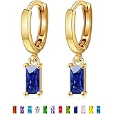 MISS RIGHT Dainty Gold Birthstone Small Huggie Hoop Dangle Earrings for Women Trendy, Hypoallergenic Baguette Crystal Diamond Drop Earrings Gifts