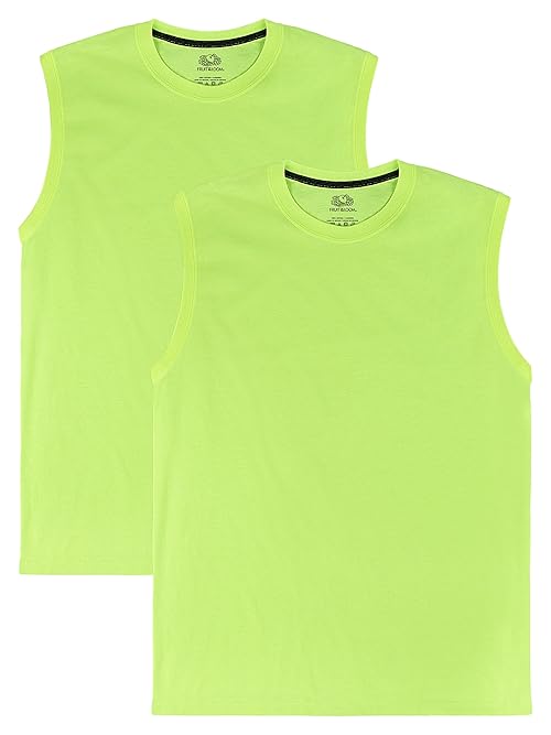 Fruit of the Loom Men's Eversoft Cotton Sleeveless T Shirts, Breathable & Moisture Wicking with Odor Control, Sizes S-4X, Muscle-2 Pack-Safety Green, X-Large
