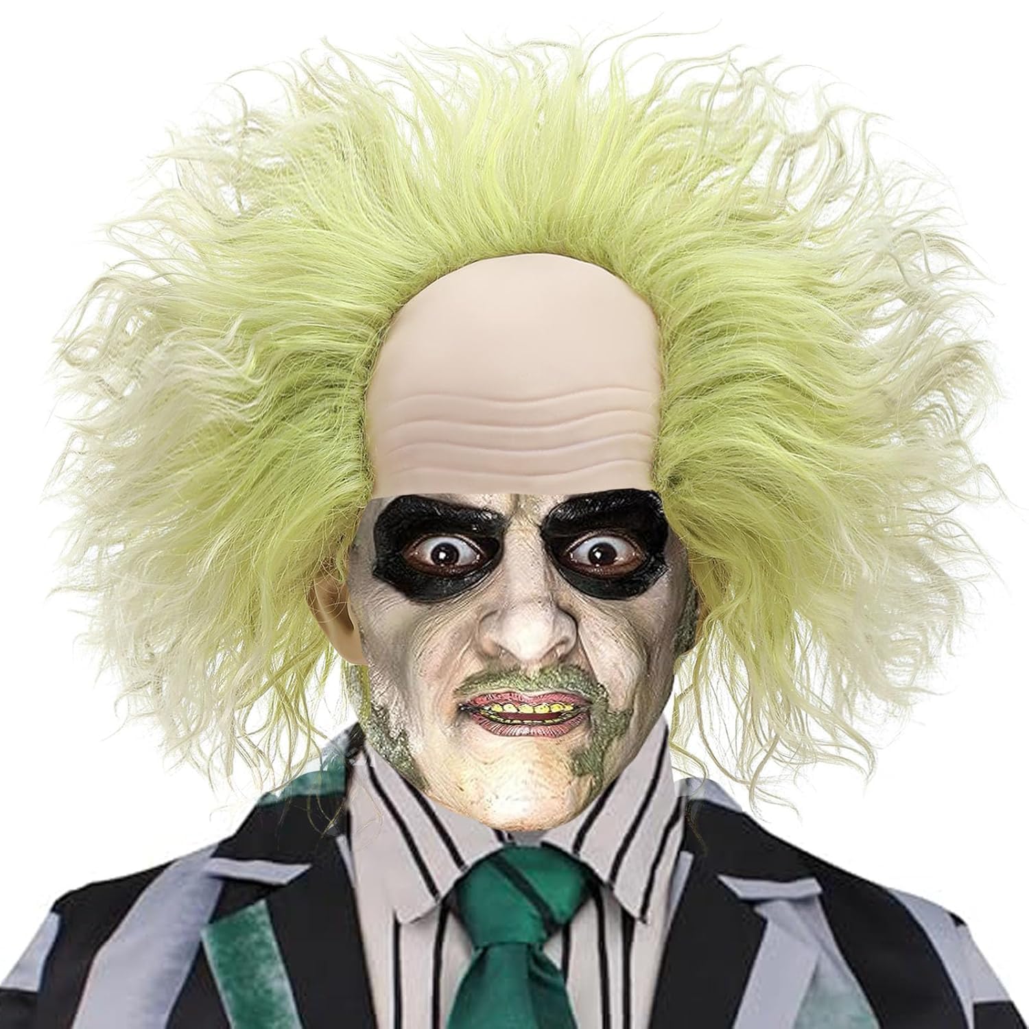 PORSMEER Green Bettlejuice Wig Men,Short Light Green Mix Silver Curly Bald Cap Clown Wig for Men,Halloween costumes Wigs Unisex — image 1