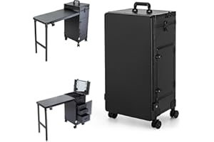 Gdsshuhung Portable Foldable Rolling Nail Table and Makeup Case with Drawers, Professional Manicure Workstation for Nail Technicians and Beauty Salons (Black)
