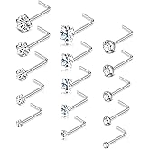 Akeoqi 15Pcs Nose Rings Studs 20G Surgical Steel L Shaped Corkscrew Bone Nose Studs Round Square Diamond CZ Piercings Jewelry for Women Men1.5mm 2mm 2.5mm 3mm 3.5mm Silver Tone