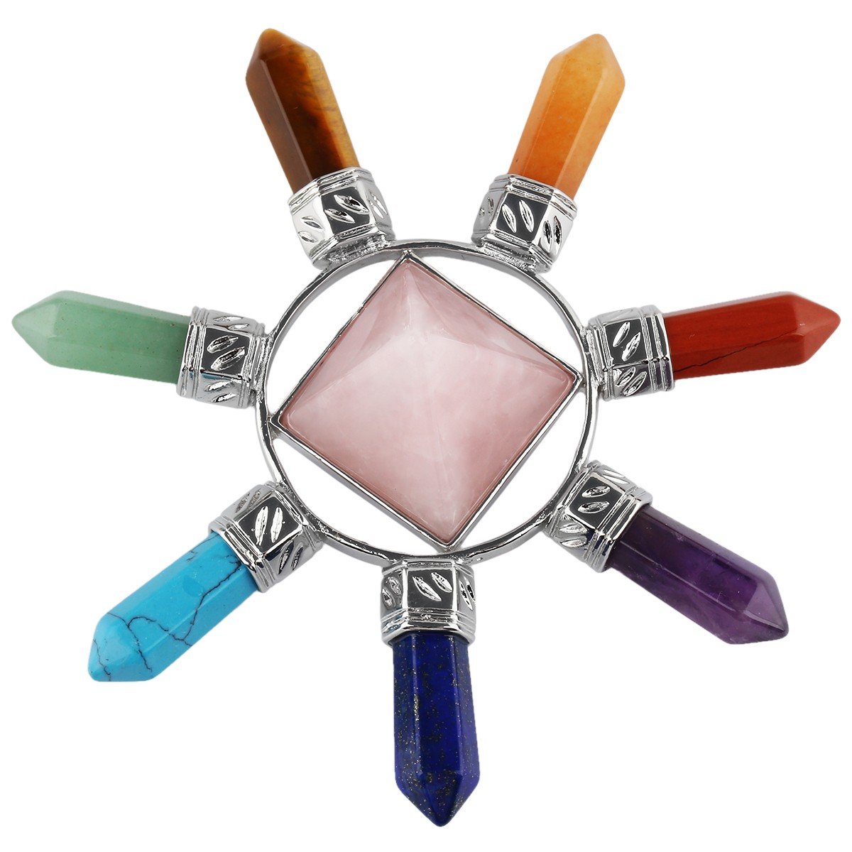 mookaitedecor Rose Quartz Healing Crystal Pyramid Energy with 7 Chakras Stone Points Wands Reiki Spiritual Decoration Figurine